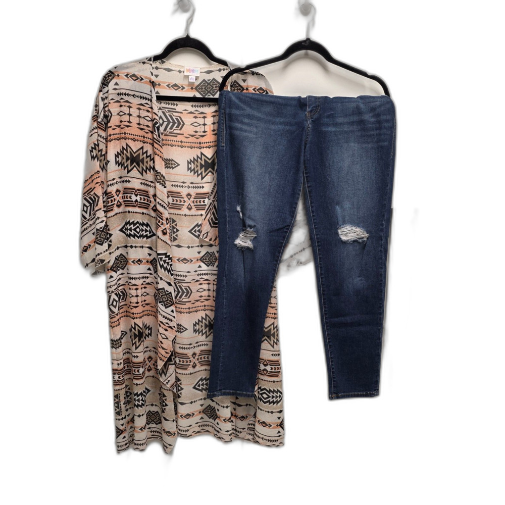 LuLaRoe Shirley Cardigan Distressed Denim Jeans Outfit Bundle Shirley L Denim 32